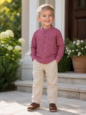 Edgehill Collection Boy's Check Mandarin Collar Long Sleeve Shirt & Pants Set 5